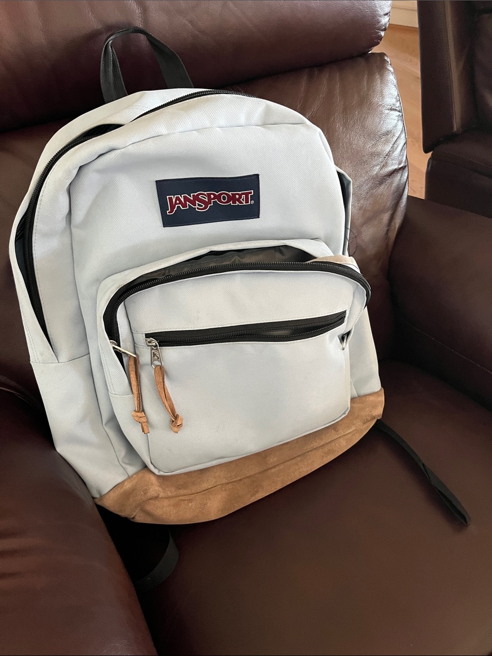 Jansport Light blue Backpack with Tan Suede Base and Black Trim
